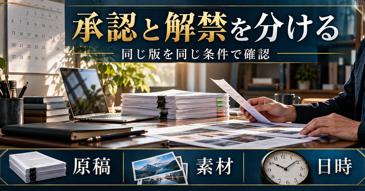 承認と解禁を分け、原稿・素材・日時を同じ版と条件で確認する。