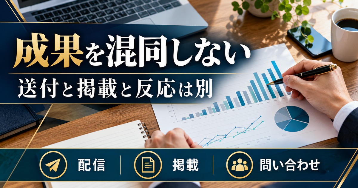 配信・掲載・問い合わせを分け、送付と掲載と反応を混同しない。