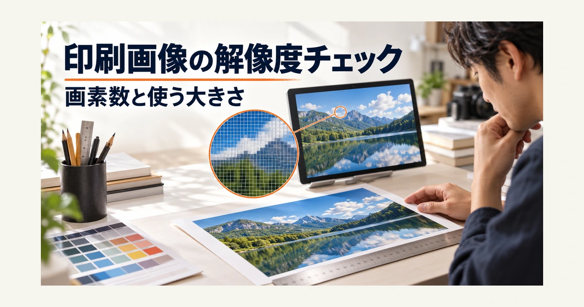 写真のピクセル数と紙面で使う寸法を対応させて、印刷画像の解像度を確認するイメージ。