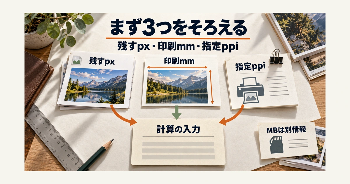 残すピクセル数、最終印刷寸法、印刷先が指定する画像密度を一組にする確認図。