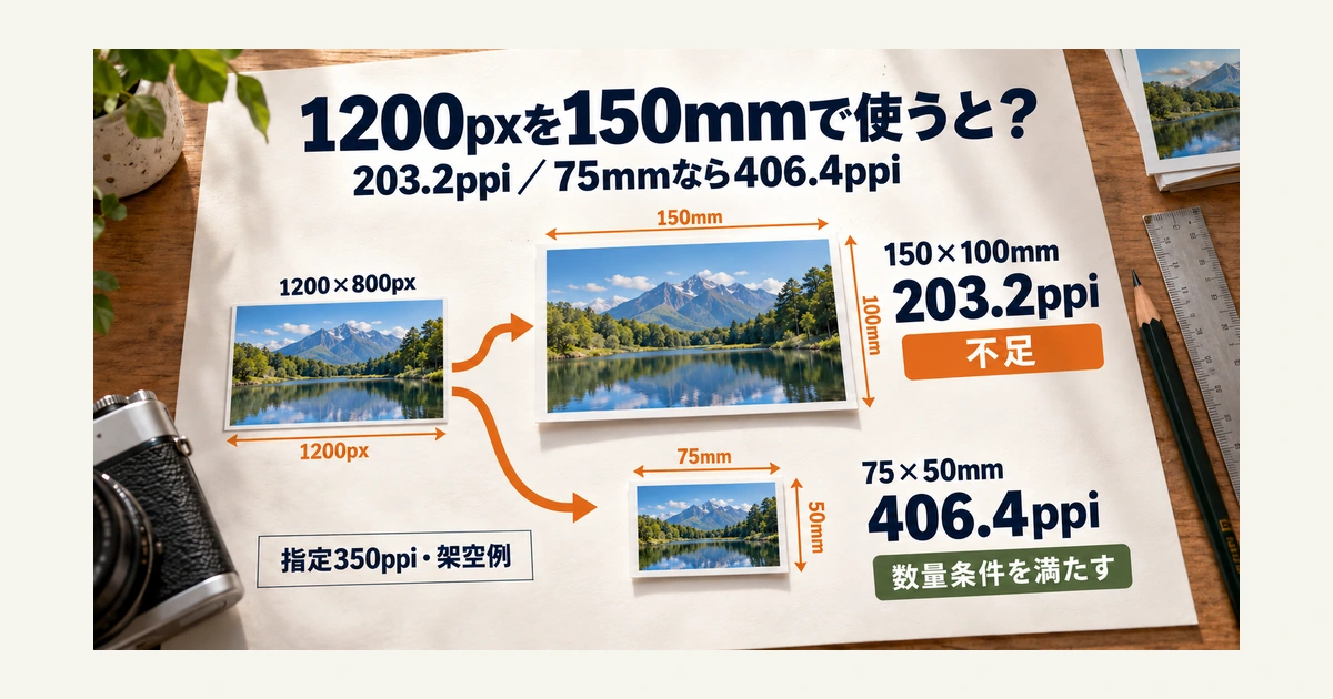 1200×800ピクセルの画像を150×100ミリで使うと203.2ppi、75×50ミリなら406.4ppiになる計算例。
