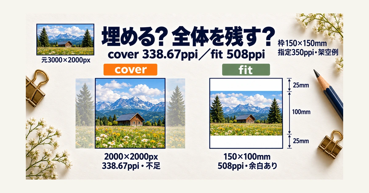 同じ3000×2000ピクセルの写真を150ミリ四方へ配置し、中央を切り抜く方法と上下各25ミリの余白を置く方法を比較する図。