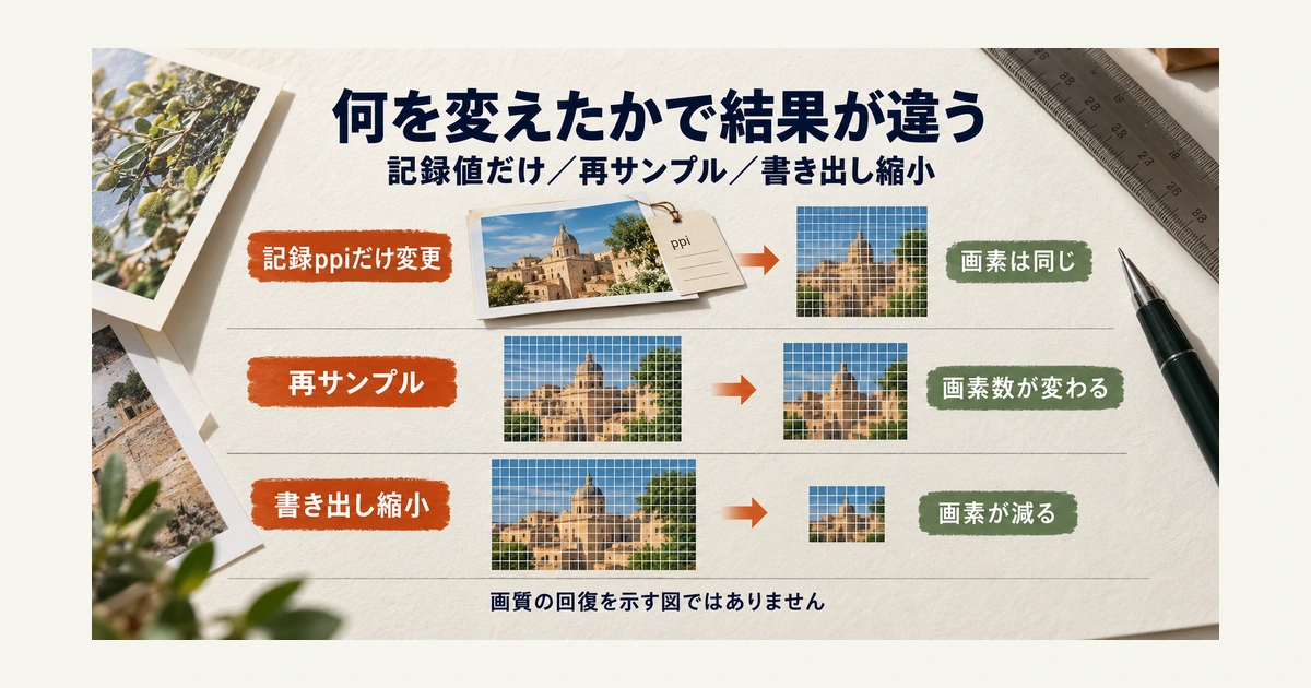 記録ppiの変更、再サンプル、書き出し縮小を分けて確認する三つの変更図。
