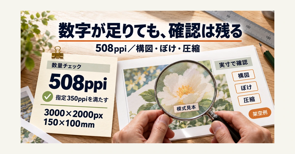 3000×2000ピクセルを150×100ミリで使うと508ppiで指定350ppiを満たす一方、ピンぼけなどの確認が残る架空例。