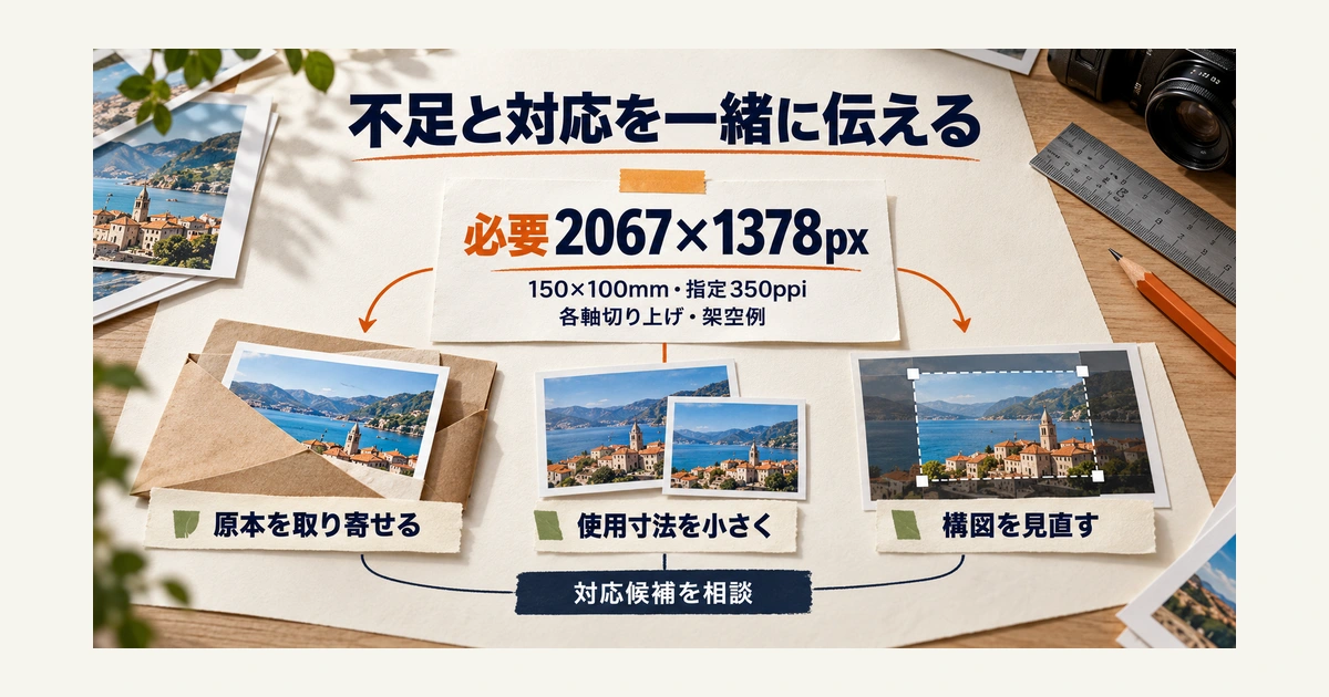 150×100ミリ、指定350ppiで必要2067×1378ピクセルになる条件を添え、原本取り寄せ、寸法縮小、構図見直しを相談する図。