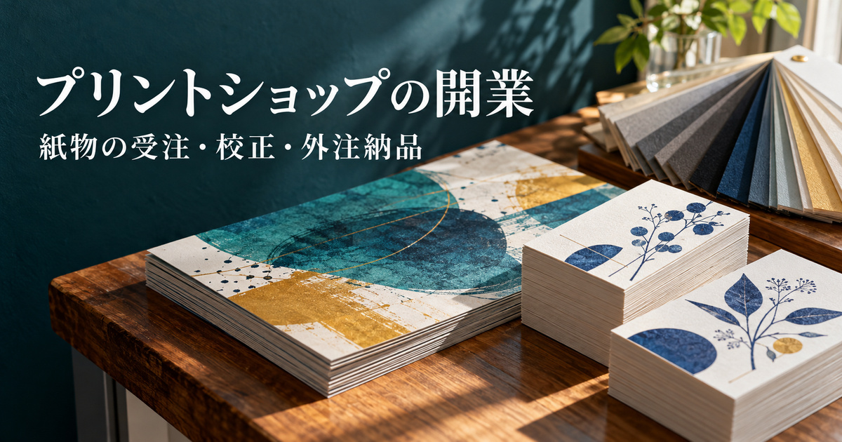 架空の名刺とチラシの質感を主役にした、印刷外注の小規模窓口の生成イメージ