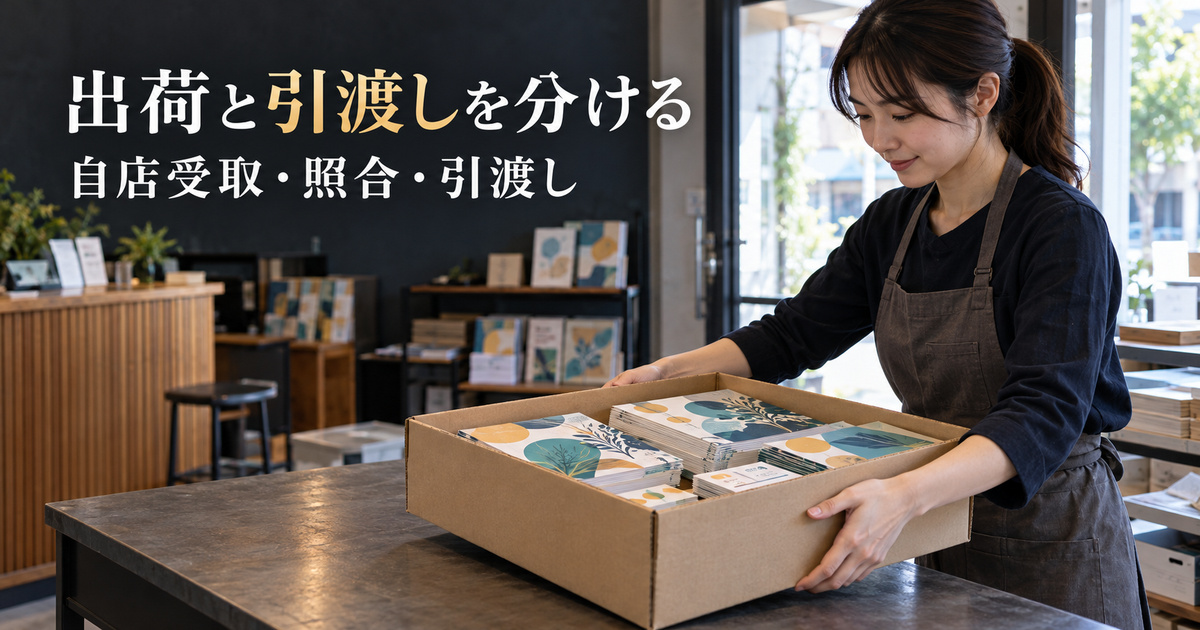 印刷物の荷物を自店で受け取り、照合前の置き場へ運ぶ架空の生成イメージ