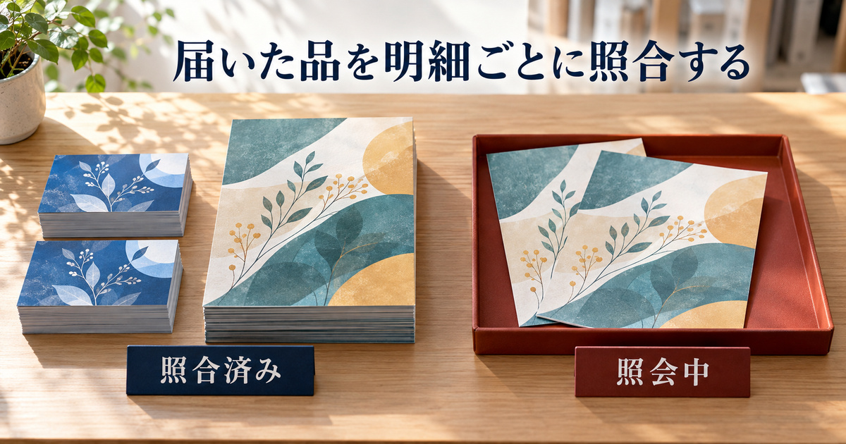 名刺とチラシの現物、照合済みと照会中の置き場を分けた、受取確認の生成イメージ