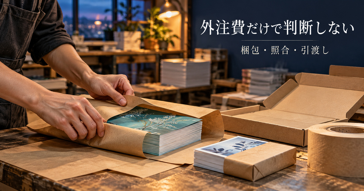 印刷物の梱包準備を主役に、外注費以外の作業と支出を考える生成イメージ
