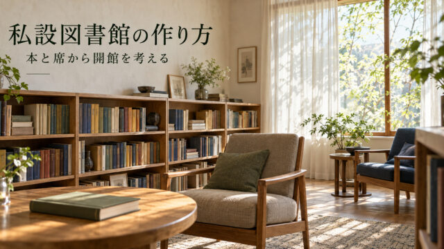 本棚と読書席を組み合わせた小さな私設図書館の架空の表紙