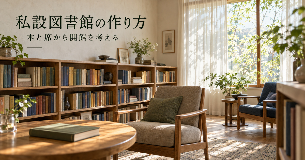 本棚と読書席を組み合わせた小さな私設図書館の架空の表紙