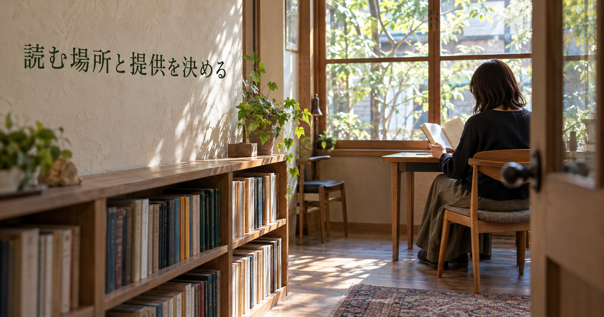 成人が館内の席で一冊を読む、提供範囲を考える架空の読書空間