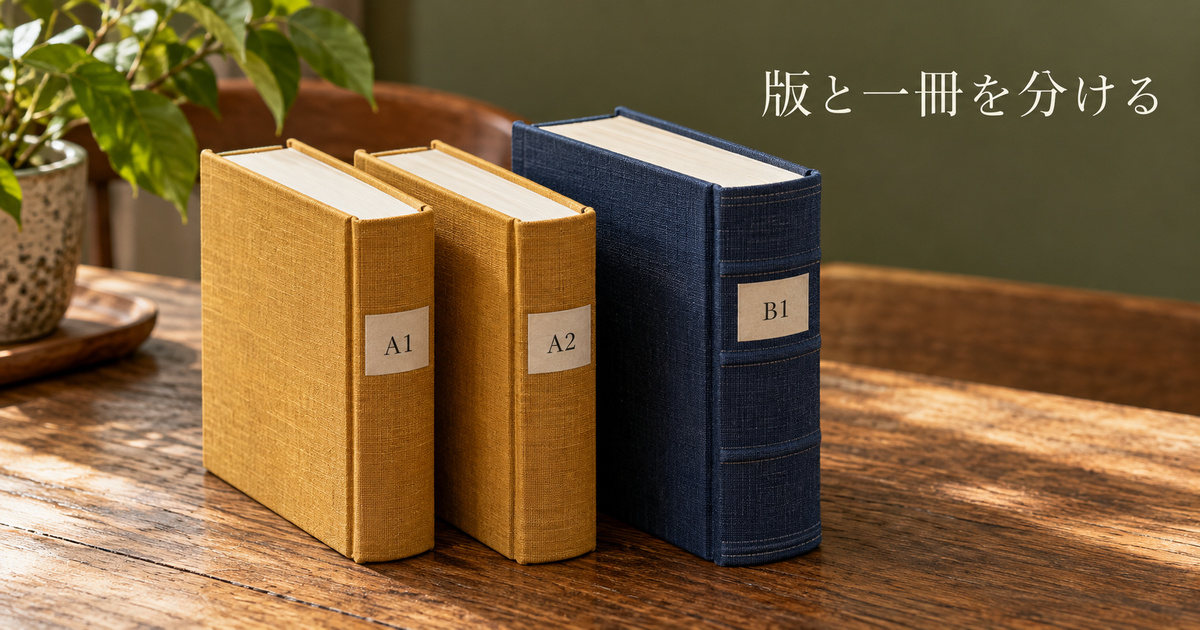 同じ版の二冊A1とA2、別版の一冊B1を区別する架空の本の接写