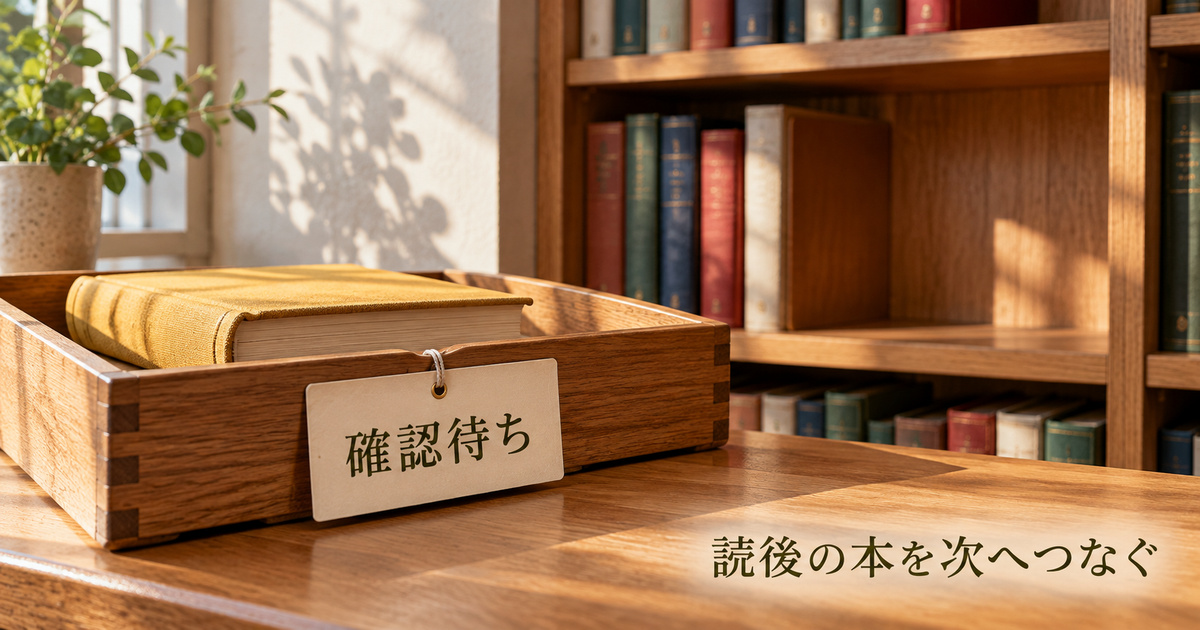 読後の本を確認待ちのトレーへ分け、棚へ戻す前の確認を表す架空の場面