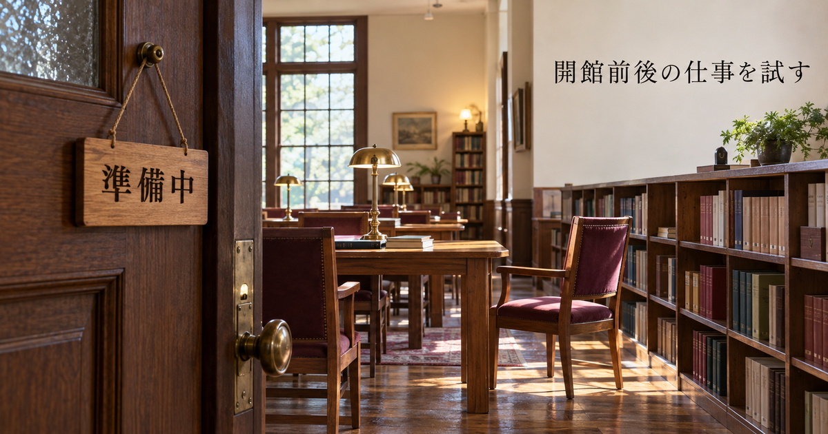 準備中の札と閲覧席を見ながら開館前後の仕事を考える架空の読書室