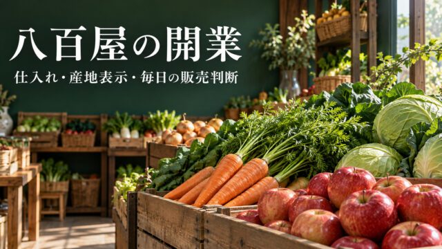 色鮮やかな未加工の青果を主役に、八百屋の開業と日々の販売判断を伝える生成イメージ