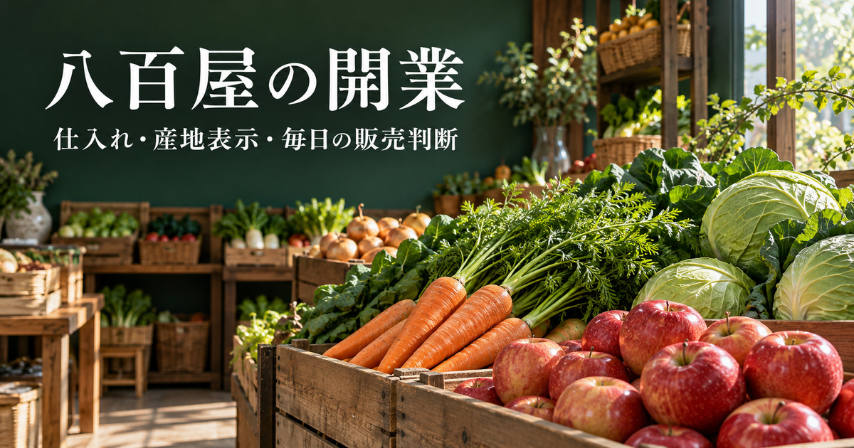 色鮮やかな未加工の青果を主役に、八百屋の開業と日々の販売判断を伝える生成イメージ