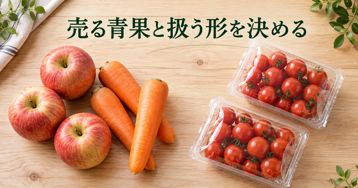 未加工の野菜と小売包装の青果を俯瞰で示し、扱う形を決める生成イメージ