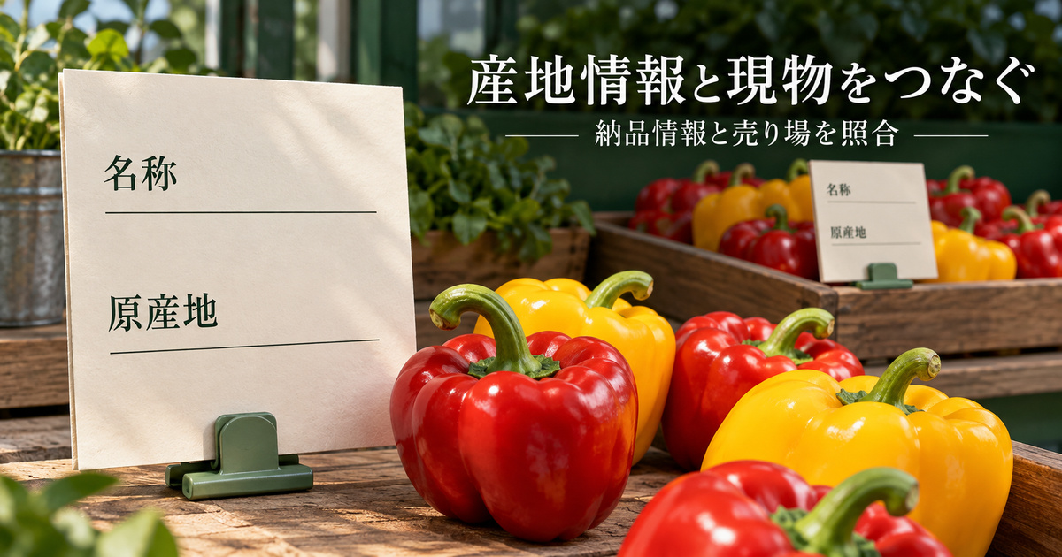 入荷した青果と売り場を同じ情報で照合する考え方を表す生成イメージ