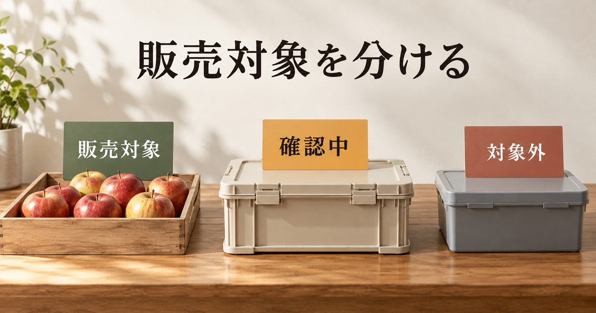 青果の販売対象、確認中、対象外を別の場所に分けた架空の管理イメージ