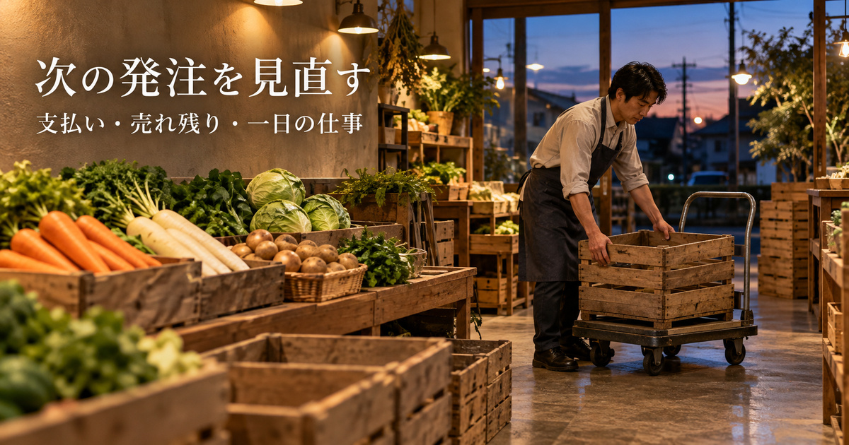 閉店後の青果店で現物と片付けの仕事を見直し、次の発注を考える生成イメージ