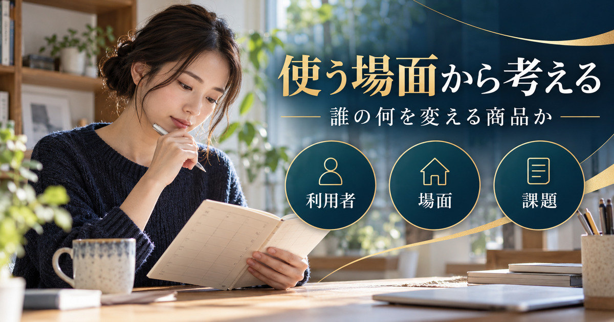 使う場面から考える。誰の何を変える商品か。利用者・場面・課題の確認ポイント。