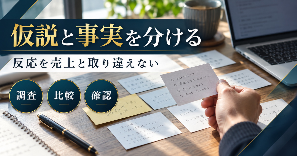 仮説と事実を分ける。反応を売上と取り違えない。調査・比較・確認の確認ポイント。