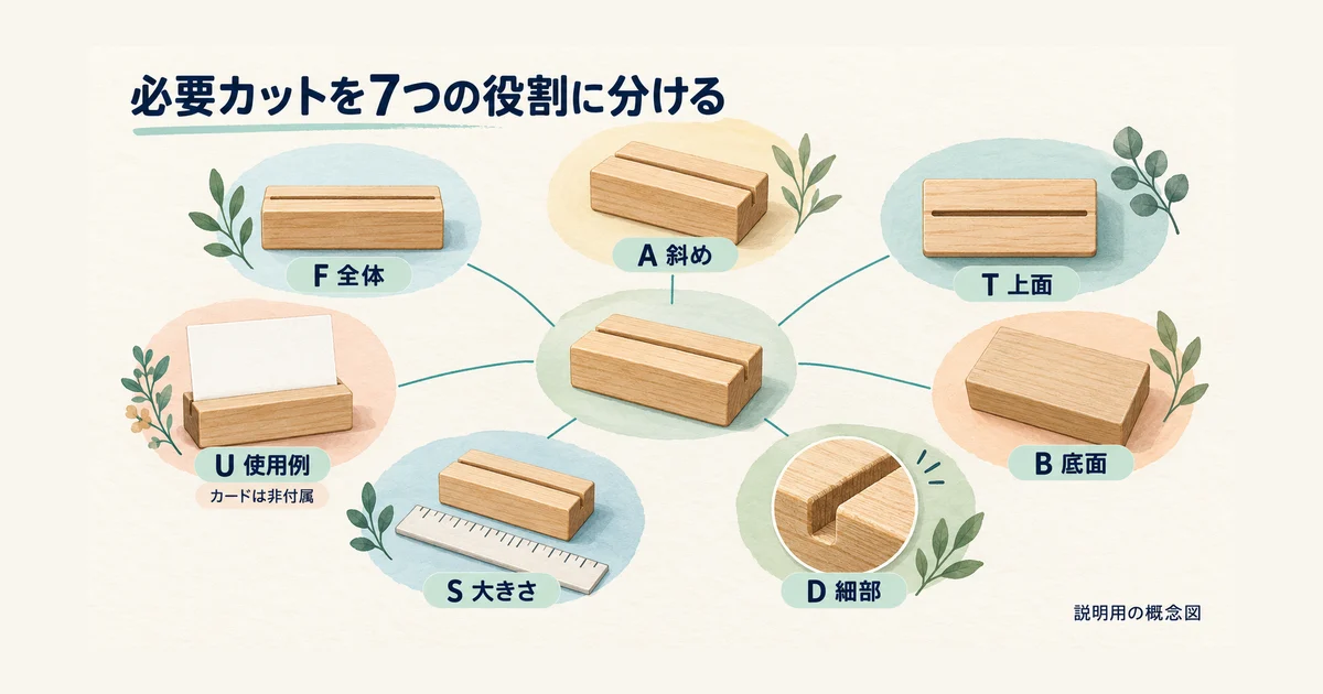 一つの架空カードスタンドから、全体、斜め、上面、底面、細部、大きさ、使用例の七つの撮影目的へ分けた概念図