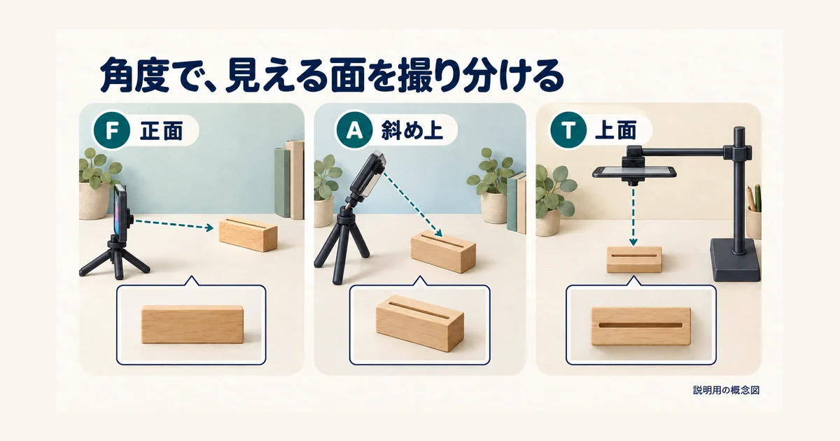 正面、斜め上、上面の三つの端末位置と、カードスタンドの溝が見える面の関係を示した視点図