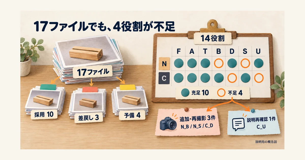 架空17ファイルを採用10、差戻し3、予備4に分け、不足4役割を追加・再撮影3件と説明再確認1件へつなぐ概念図