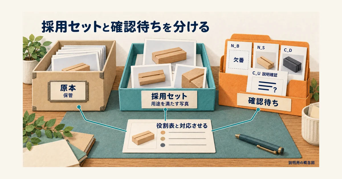 原本、採用セット、確認待ちの三つのまとまりを役割表と対応させる納品前整理の概念図