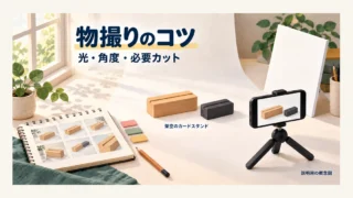 窓辺の机で無地のカードスタンドを固定した端末で撮り、必要な写真をメモする練習の概念図