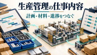 生産計画表と部品と工程と進捗報告をつなぐ生産管理の概念図