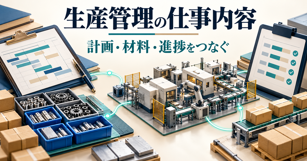 生産計画表と部品と工程と進捗報告をつなぐ生産管理の概念図