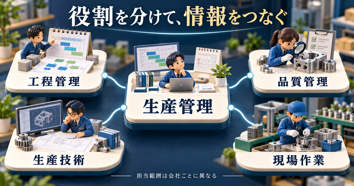 生産管理と工程管理・品質管理・生産技術・現場作業の連携図