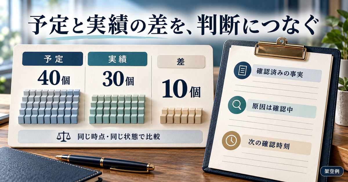 同時点の予定40個と実績30個の差10個を確認する架空例