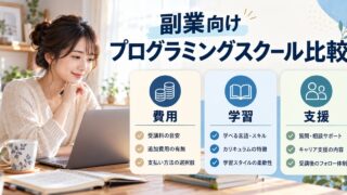 副業向けプログラミングスクール比較を人物と図解で示した学習ガイドのイメージ