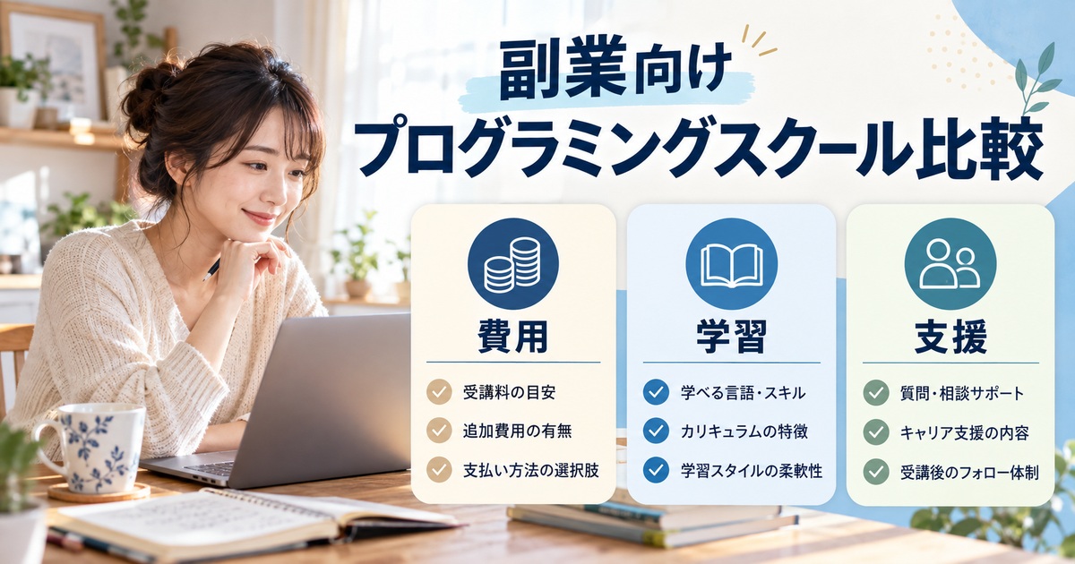 副業向けプログラミングスクール比較を人物と図解で示した学習ガイドのイメージ