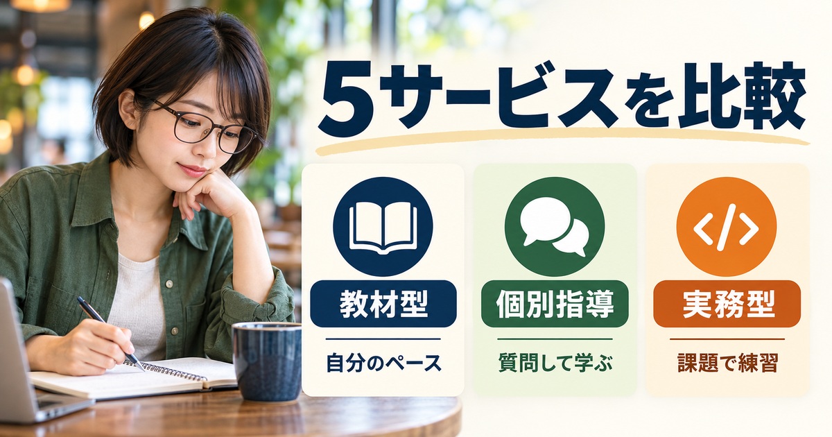 5サービスを比較を人物と図解で示した学習ガイドのイメージ