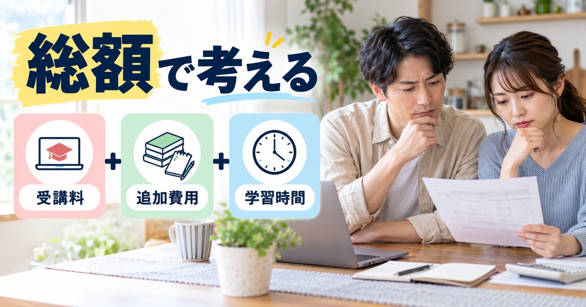 総額で考えるを人物と図解で示した学習ガイドのイメージ