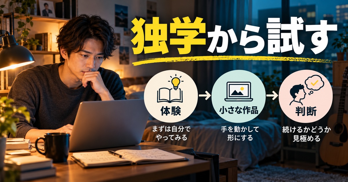 独学から試すを人物と図解で示した学習ガイドのイメージ