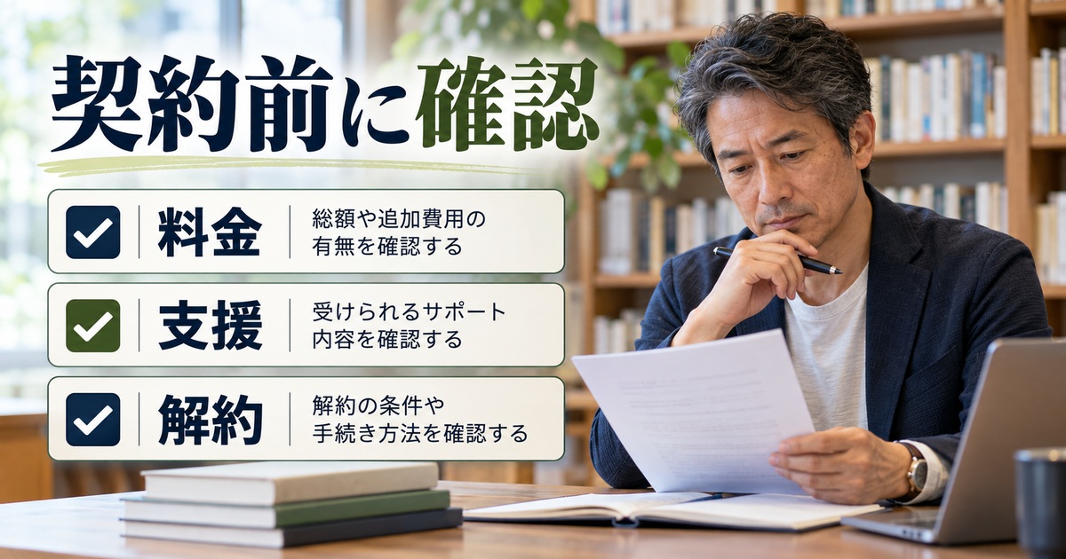 契約前に確認を人物と図解で示した学習ガイドのイメージ