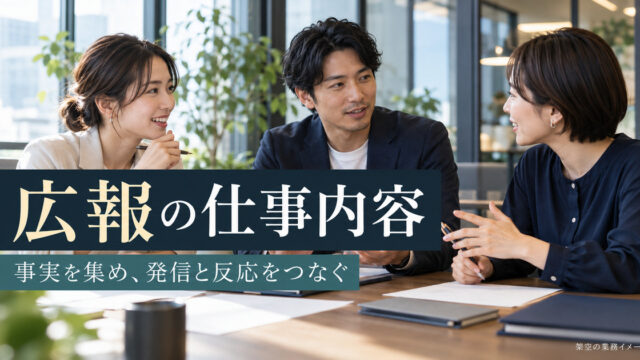 広報担当者が情報発信について話し合う架空の業務イメージ