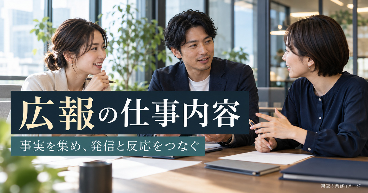 広報担当者が情報発信について話し合う架空の業務イメージ