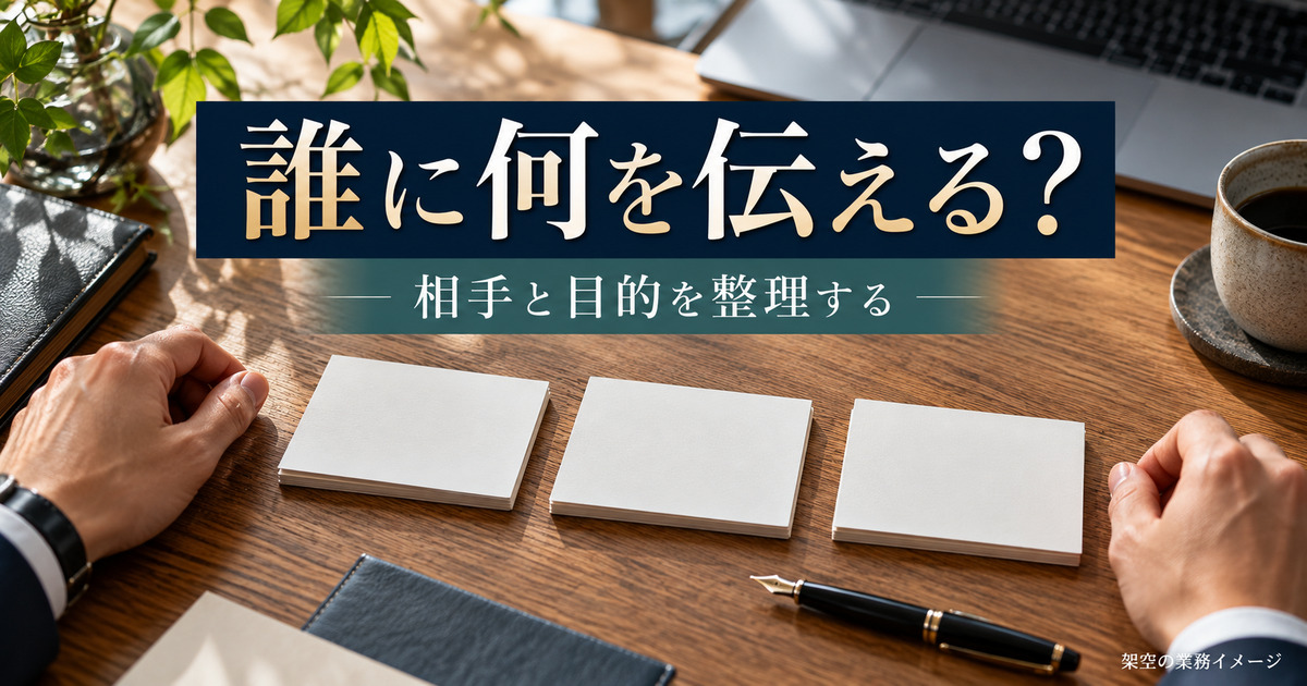 発信相手と目的をメモカードで整理する架空の業務イメージ