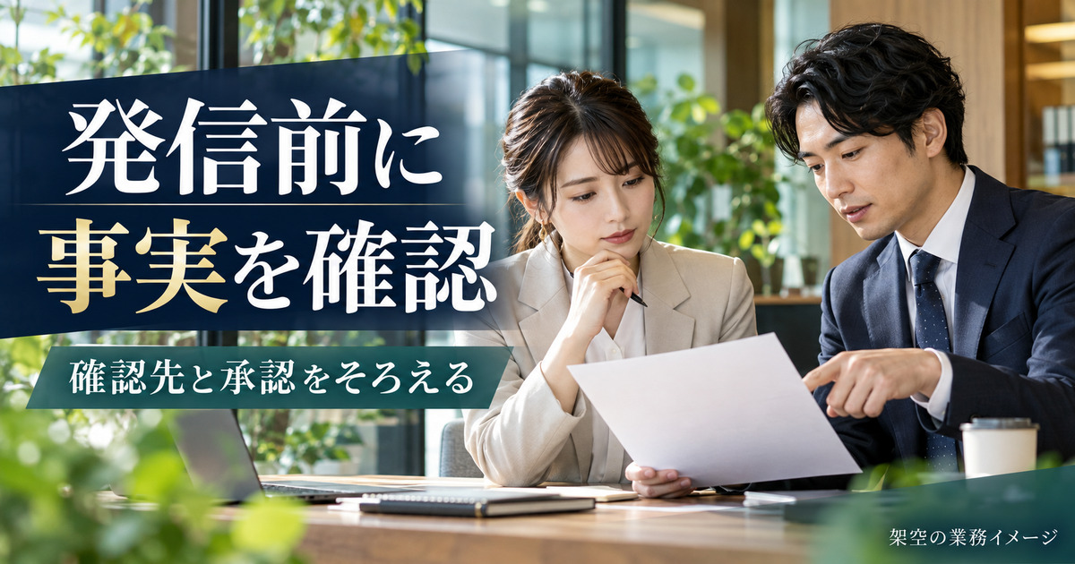 発信前に社内の事実と確認先を照合する架空の業務イメージ