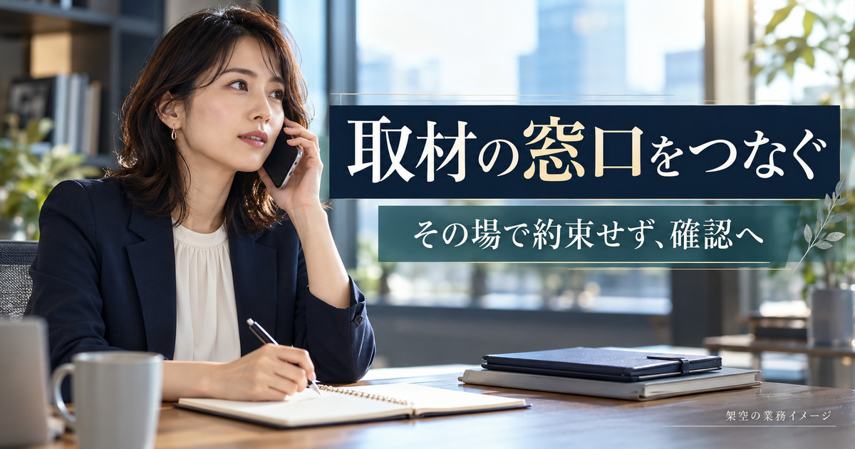 取材依頼を電話で受けて確認事項を記録する架空の業務イメージ