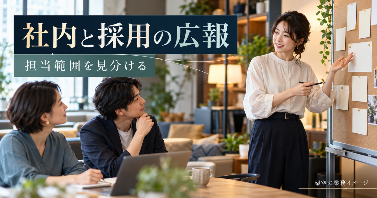 社内広報と採用広報の担当範囲を話し合う架空の業務イメージ