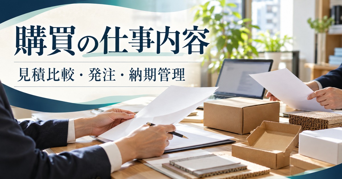 購買の仕事内容を表す書類比較と包装ケースの写真調イメージ