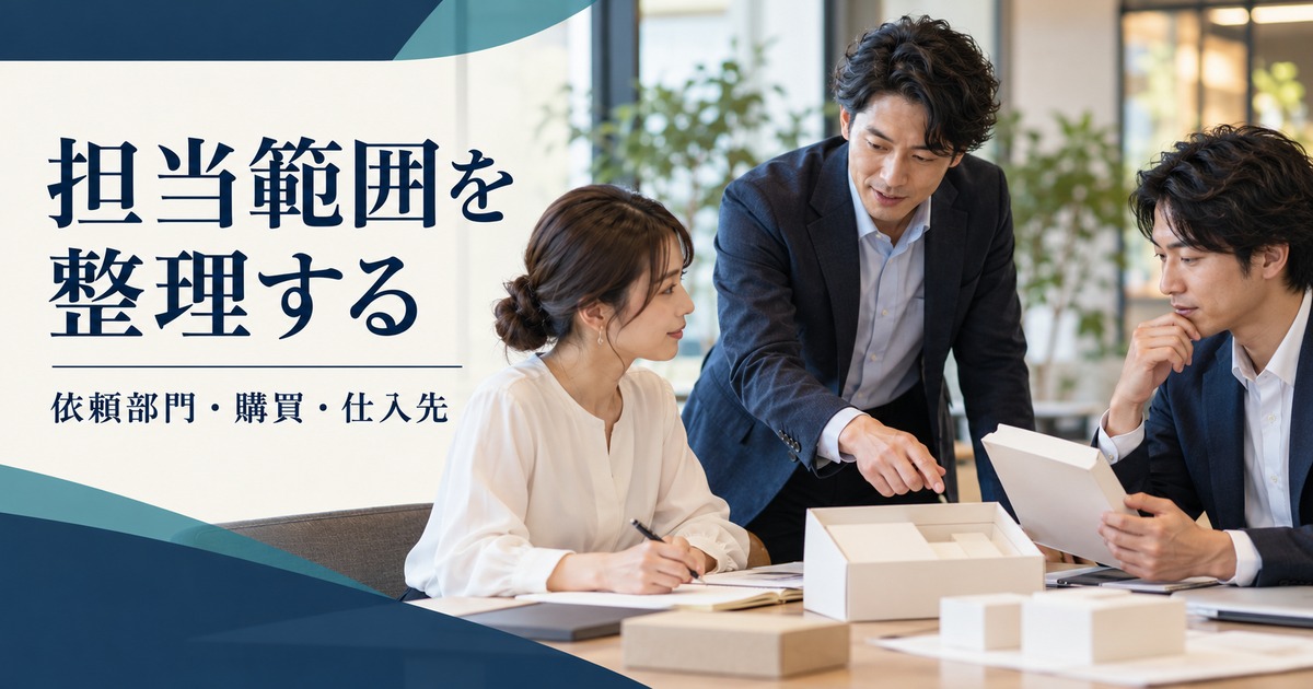 依頼部門・購買・仕入先の担当範囲を整理する打合せのイメージ